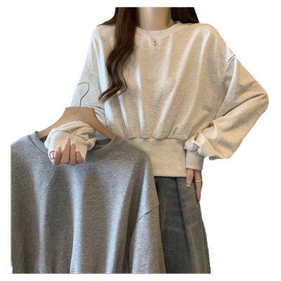 短款收腰下摆圆领卫衣女薄款春秋