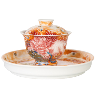 圣山手绘矾红釉下彩飞天貔貅陶瓷盖碗茶杯景德镇手工陶瓷茶具盖碗