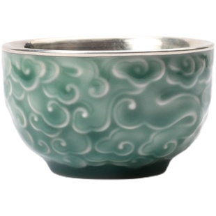 纯银茶杯999纯手工包银杯品茗杯主人杯汝窑青瓷杯家用瓷包银 青云