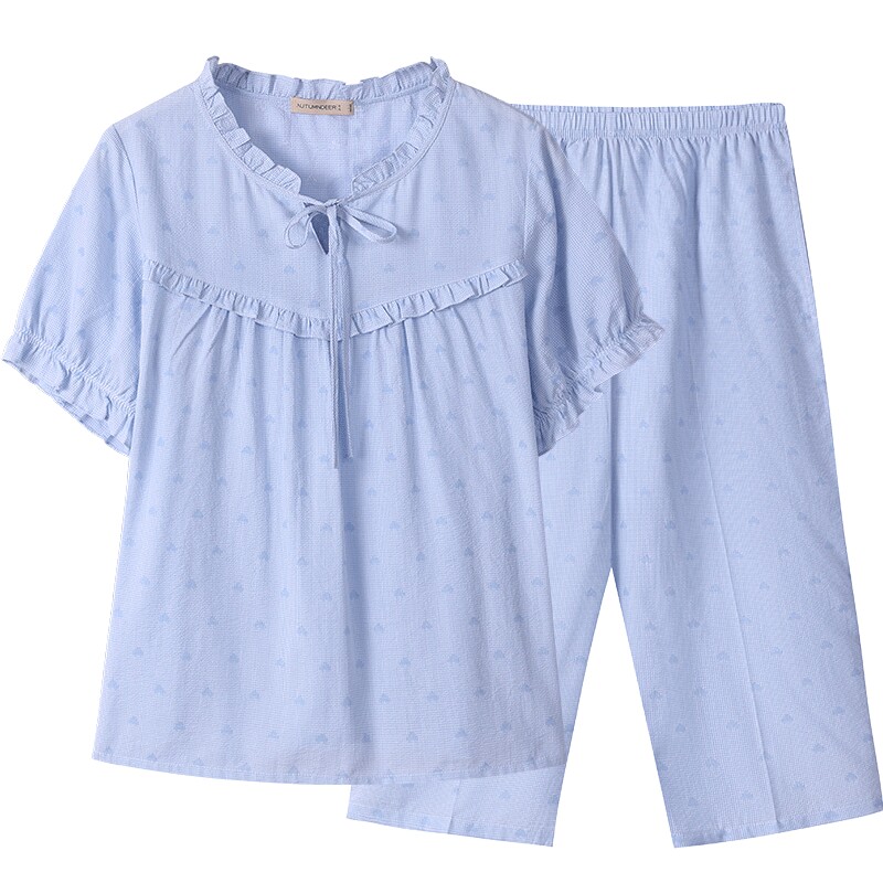 秋鹿梭织棉碎花睡衣夏天女款短袖七分裤可外穿家居服女夏薄款套装