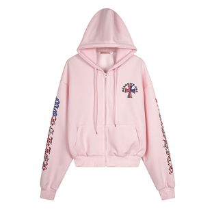 Amoeba美式复古梵文字母十字架印花连帽卫衣拉链开衫女春季外套