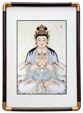四九艺社 景德镇合掌观音工笔陶瓷板画 新中式佛堂客厅供奉装饰画