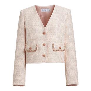 红袖2025春季新款女款 肌理感香风钉钻正肩单排扣V领短外套