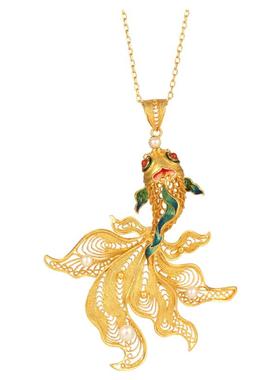 非遗花丝珐琅锦鲤银鎏金珍珠项链