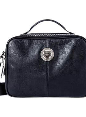 男士真牛皮商务休闲风横款单肩包