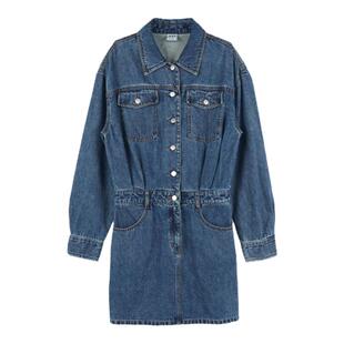 A21女装翻领小落肩长袖直筒牛仔连衣裙春秋季连体套装外套女生潮