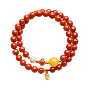 原矿保山南红手串火焰纹满肉柿子红玛瑙手链双圈天然红色宝石串珠