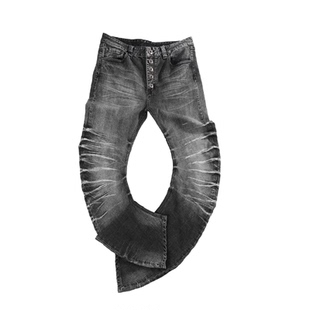 欧美街头水洗做旧裂纹弯刀牛仔裤女高腰直筒显瘦堆积感拖地长裤子