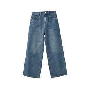 三福牛仔裤女2026新款春季时尚烫钻阔腿裤宽松直筒裤子女装514662