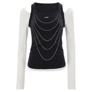 uhot/诱货26春蓝白撞色假两件针织衫烫钻性感镂空新款 UWLS1N618M