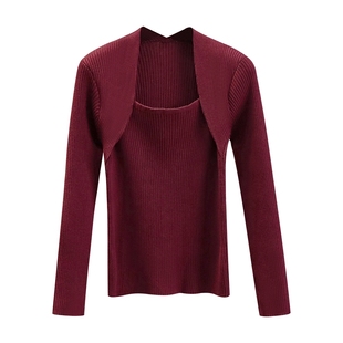 大码针织打底衫女春秋冬内搭洋气假两件心机锁骨方领上衣胖mm毛衣