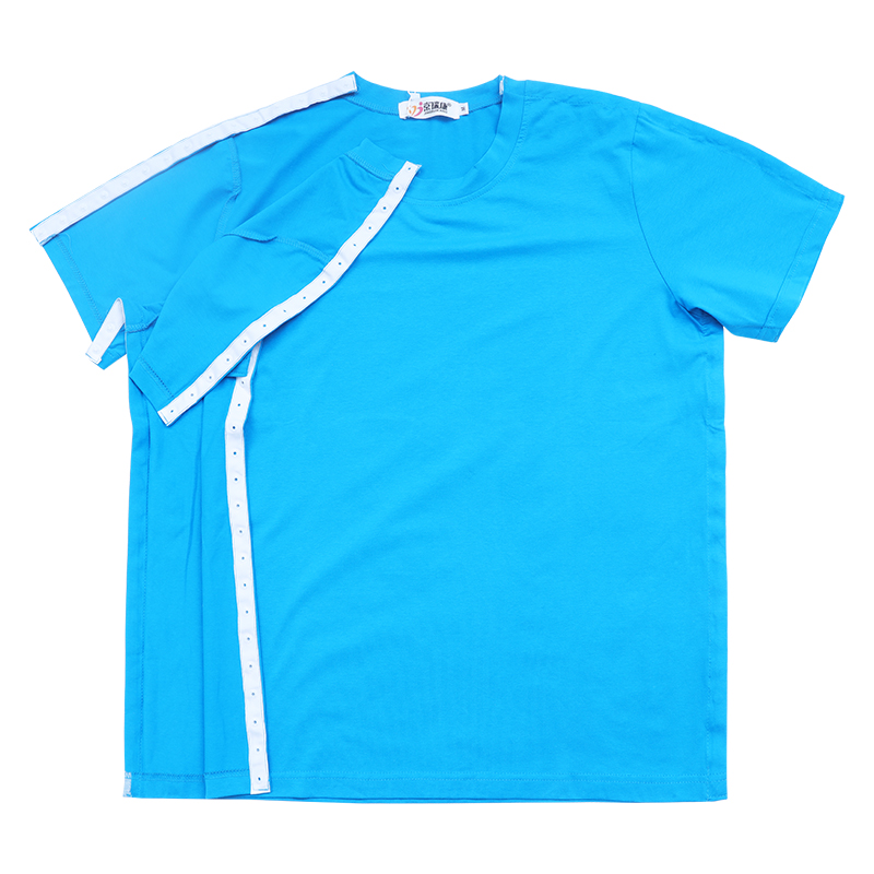春夏易穿易脫護(hù)理服手臂骨折病人穿的衣服全開(kāi)式老年爸爸短袖T恤
