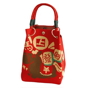 2026马年礼物袋新年卡通招财针织手拎包便携大容量手拎包礼品福袋