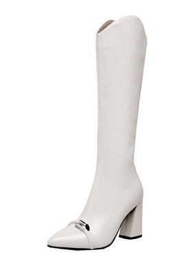 女士保暖加绒粗跟高筒靴冬季新款白色尖头日常超高跟不过膝长靴子