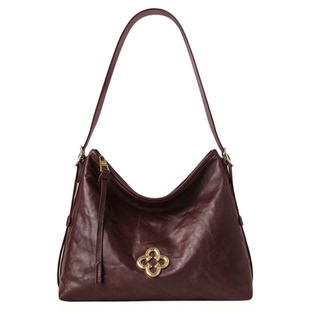 卡思乐包包女头层牛皮酒红色褶皱松涛hobo包单肩大容量通勤包