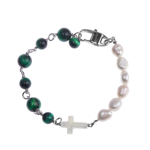 LUXTA原创 天然巴洛克异形珍珠拼接虎眼石母贝十字架手链男嘻哈潮