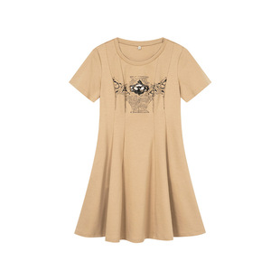 一城画一夏季A型连衣裙修身丝光棉打基布拼贴珠片绣花短裙