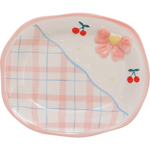 手绘樱桃浮雕日式餐具陶瓷碗盘套装家用漂亮的饭碗餐盘沙拉水果碗