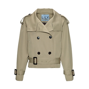 【商场同款】LILY2025秋新款女装高领腰带收腰卡其色风衣外套短款