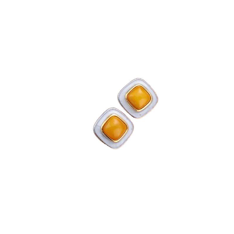 925纯银几何方形耳钉琥珀蜜蜡国风复古新中式耳环小众个性耳饰