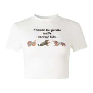 SEGI 原创设计新款小狗印花短袖女正肩修身短款T恤白色辣妹上衣