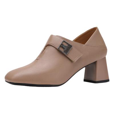 蜘蛛王羊皮女鞋真皮方头深口窝窝鞋中老年妈妈鞋粗跟复古高跟单鞋