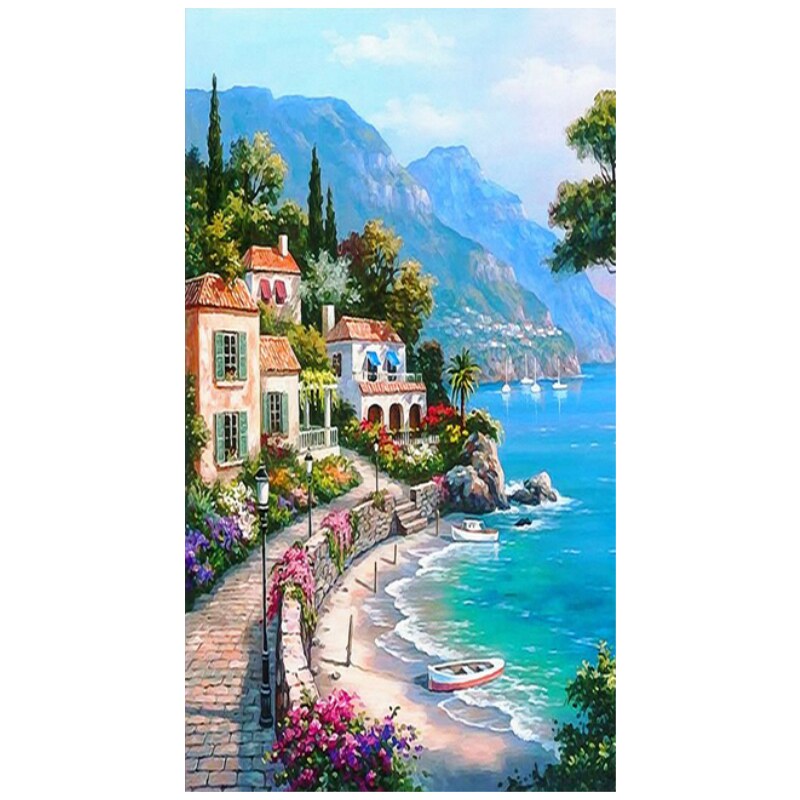 印花绣线客厅地中海油画海边风情