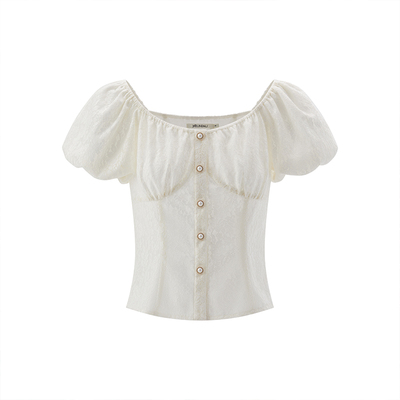 MELINDA LI【初春白】夏季一衣两穿蕾丝泡泡袖收腰上衣半裙套装