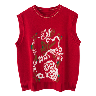 羊范赵丽颖新年同款100羊毛针织马甲女无袖圆领五福临门提花坎肩
