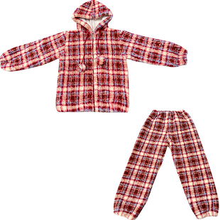 Bananagirl复古格子毛绒睡衣女冬季新款长袖宽松家居服套装小个子