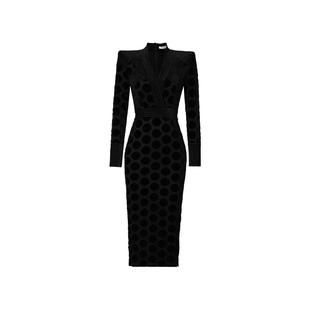 XULU原创气质丝绒激光绣花修身知性大气复古波点长袖V领连衣裙