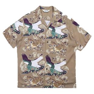NON STOCK美式复古ALOHA定制夏威夷老虎短袖衬衫男古巴领咔叽衬衣