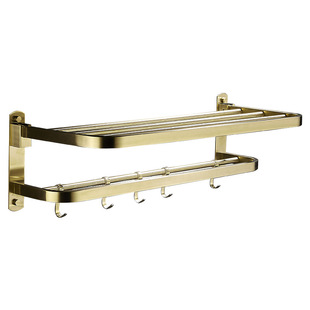 双层浴巾架折叠活动靠墙304不锈钢拉丝金浴室加长毛巾架带钩加厚