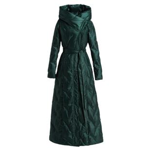 绿色高领长款羽绒服女冬2025新款过膝连帽气质收腰白鸭绒外套357