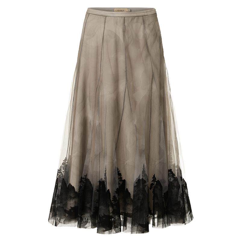 VGRASS维格娜丝春季新款定位植绒工艺网纱流仙裙高腰褶皱半身裙女