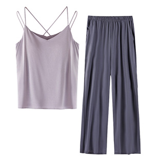 雅鹿吊带背心睡衣女带胸垫交叉美背凉感短裤长裤夏薄款家居服套装