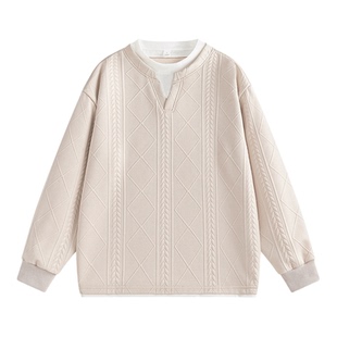 悟空有货春季复古菱形格纹理假两件卫衣男潮牌宽松情侣休闲套头衫