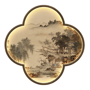 宋式美学四叶草装饰画客厅走廊山水玄关挂画茶室小轩窗实木框灯画