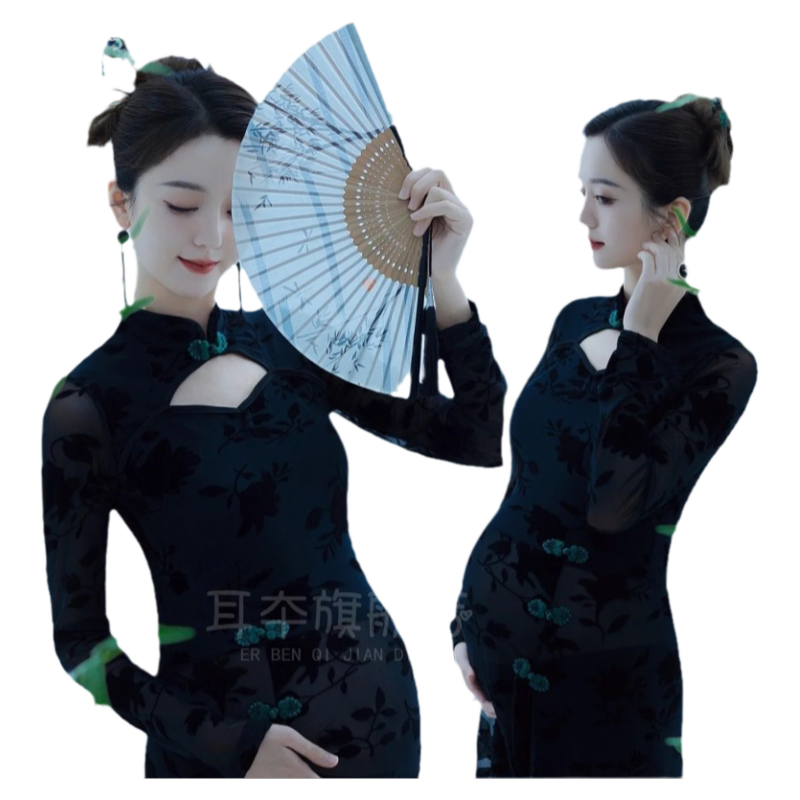 黑色复古旗袍孕妇摄影服装