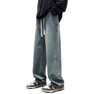 黑色复古牛仔裤男士帅气潮流加绒直筒裤春秋新款松紧腰阔腿长裤男