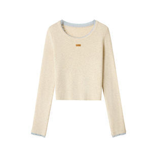 【温茶染风】Uena米色字母标绵羊毛混纺假两件修身显瘦圆领针织衫