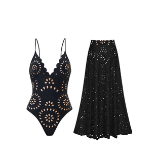 HERBERRY泳装黑色性感深V吊带比基尼沙滩泡温泉度假连体泳衣长裙