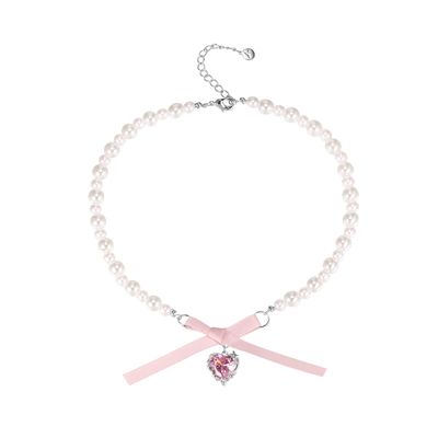 peachtea爱心蝴蝶结珍珠项链