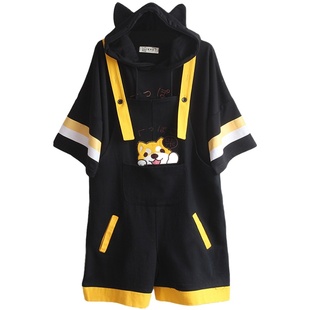 夏季可爱男生男女情侣款软妹柴犬连体短裤宽松学生日系背带裤套装