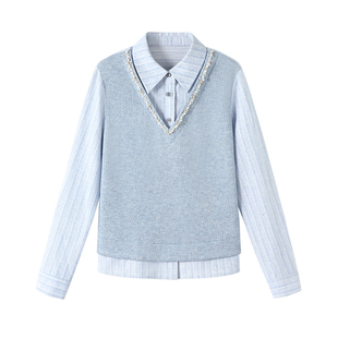 YBAI/亦白 26春季新款时尚百搭领口花边条纹拼接假两件卫衣上衣女