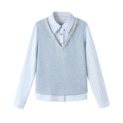 YBAI/亦白 26春季新款时尚百搭领口花边条纹拼接假两件卫衣上衣女