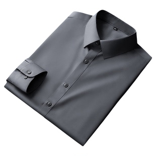 新款深灰色商务休闲男士衬衫免烫长袖修身高端抗皱西装短袖衬衣男