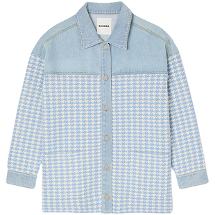 SANDRO Outlets秋冬女装休闲千鸟格纹丹宁蓝色直筒针织拼接外套