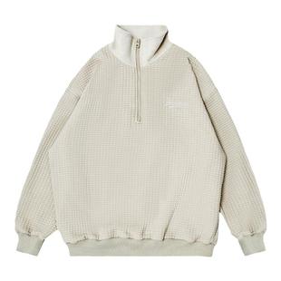 HEEMKIZOO日系春秋立翻领华夫格刺绣休闲套头卫衣拼接外套男女