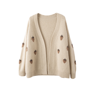 秋冬V领拼色中长款100%纯羊毛开衫女加厚外套甜美草莓羊绒衫上衣